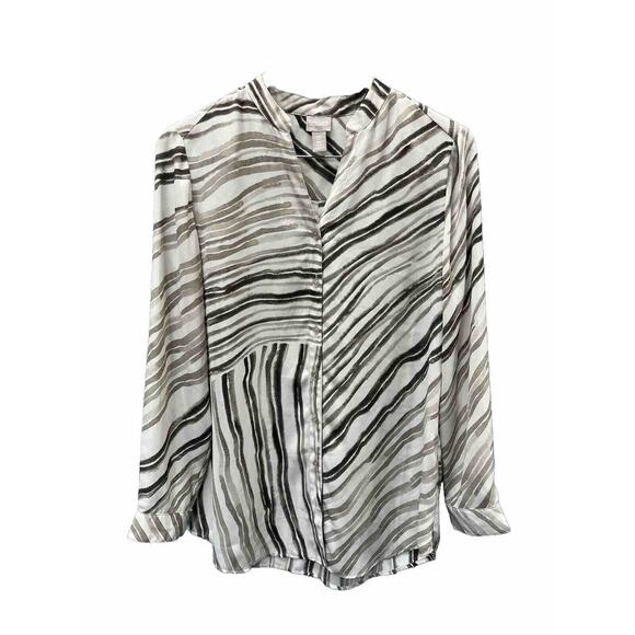Chico's chicos size 0 small brown White Striped animal print Blouse buttons - Picture 1 of 7